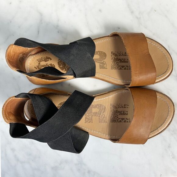 Sorel Ella Tan Leather Black Elastic Strap Sandal - Women's 8.5 - Picture 7 of 8